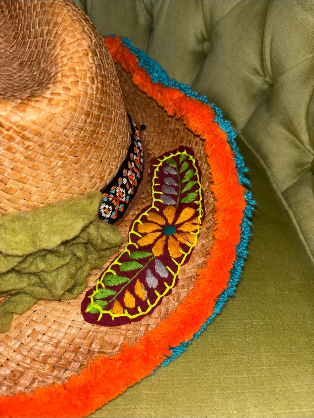Bohemian Gypsy Queen Embroidered Raffia Straw Hat Fringe Brim medium - Picture 8 of 12
